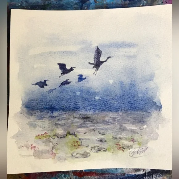 Original Watercolor Painting Blue heron art Birds Flight Home decor Artettina - Picture 6 of 7